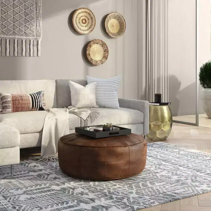 34" Darian Round Coffee Table Pouf Distressed Brown - WyndenHall: Genuine Buffalo Leather, No Assembly Required