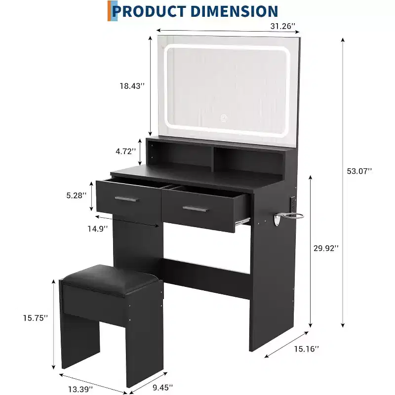 Modern Vanity Set with 3-Color Adjustable LED Mirror, Makeup Desk with Power Outlet and 2 Drawers, Dressing Table and Stool Set for Bedroom