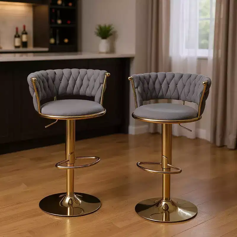 HomeRoots Set of Two Gray and Gold Velvet and Metal Low Back Adjustable Height Swivel Bar Chairs