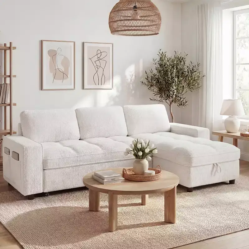 Dyonery Sleeper Sofa Bed, 81 L-Shaped Pull Out Couch Bed with Reversible Storage Chaise/USB Port/Side Pocket/Tool-Free Assembly Corduroy Beige