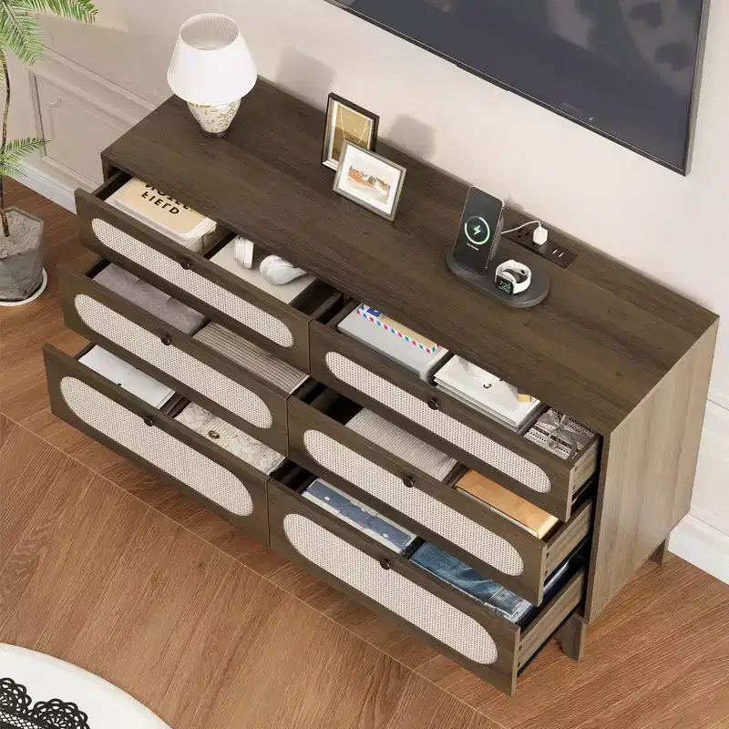 6 Rattan Drawer Dresser, with USB Ports and Outlets, 6 Chests of Drawers Storage for Bedroom, Living Room,Hallway,Bedside,Dining Room,Corridor
