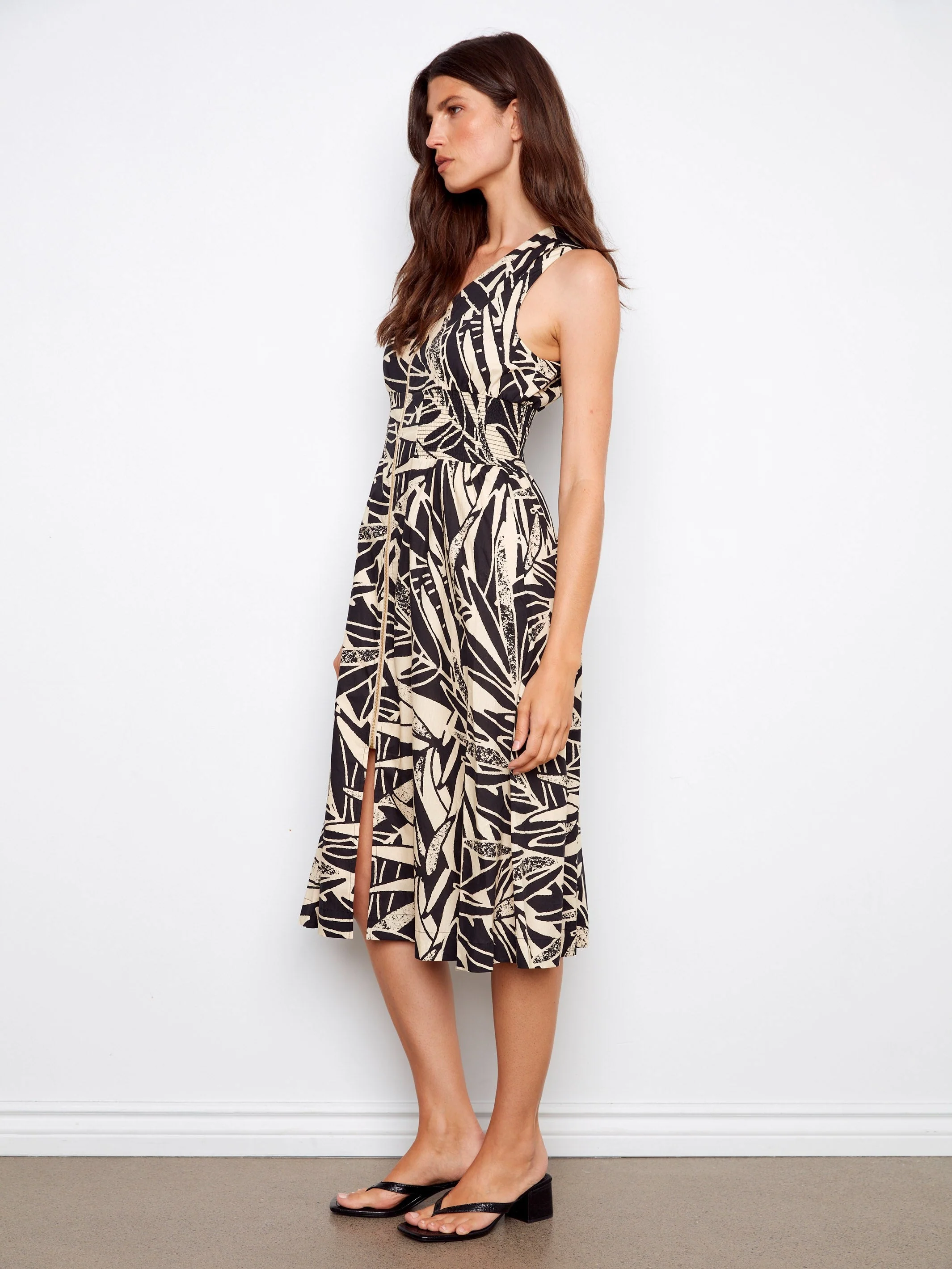 Printed Cotton Voile Front-Zip Midi Dress - Voile Abstract Print