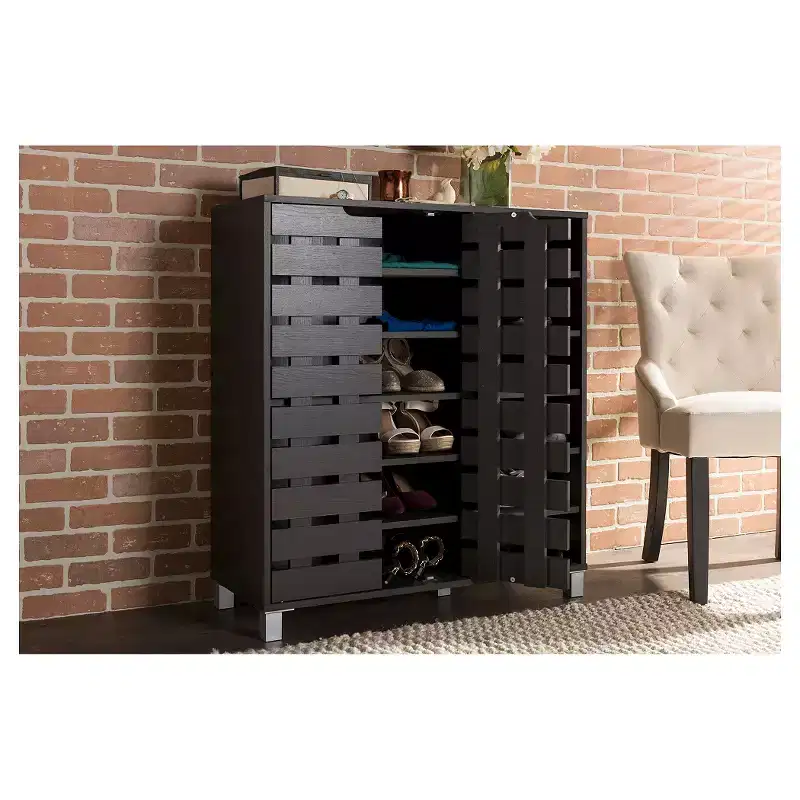Modern 2-Door Shoe Cabinet with Open Shelves, Dark Brown Espresso Finish, Metal Frame, 10 Compartments