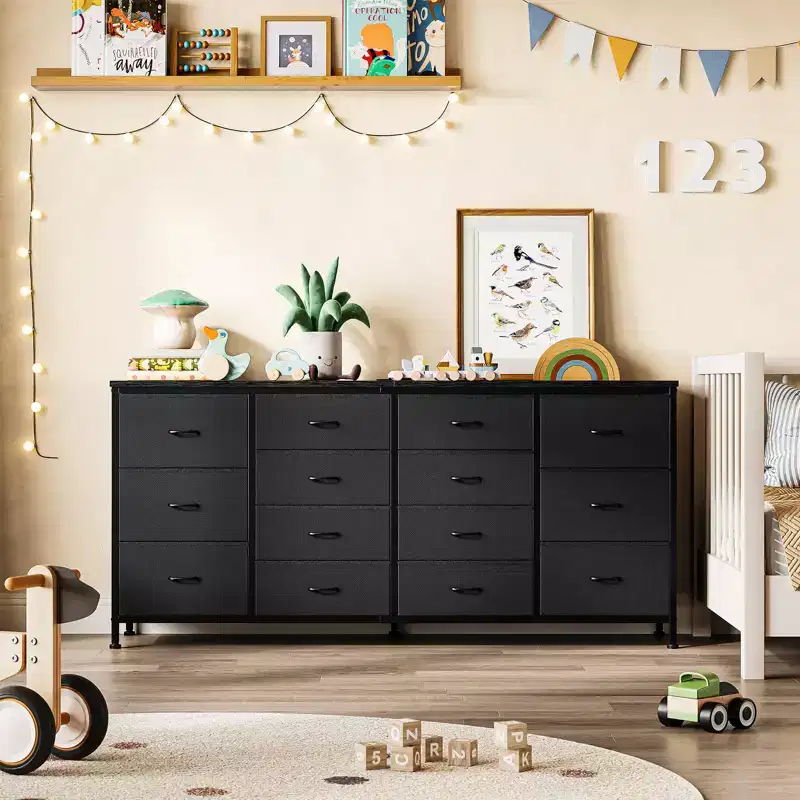 14 Drawer Dresser, 63 Fabric Dresser TV Stand with Power Outlet for 75 TV, Long Entertainment Center for Living Room