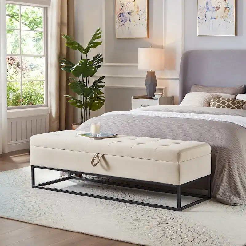 Velvet Upholstered Bed Storage Bench with Metal Base