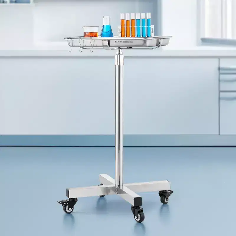 VEVOR Mayo Stand, Stainless Steel Mayo Tray, Load Capacity up to 35 lbs, Adjustable Height 25.2-39.8, Medical Tray on Wheels with Removable Tray