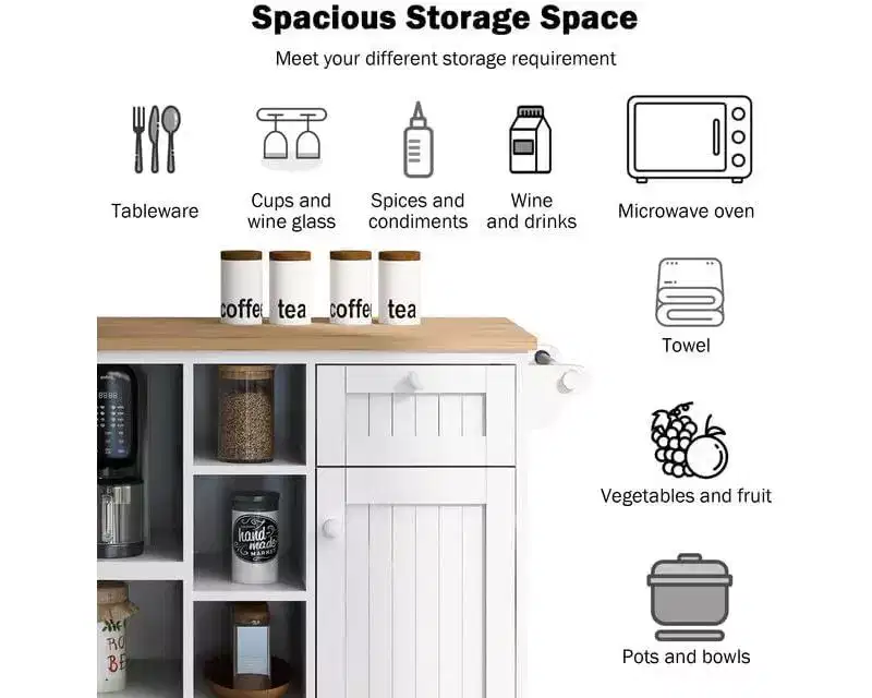 Kitchen Island Cart, Storage Cabinet with Microwave Rack and Two Locking Wheels, Solid Wood Desktop, Freestanding for Home Kitchen