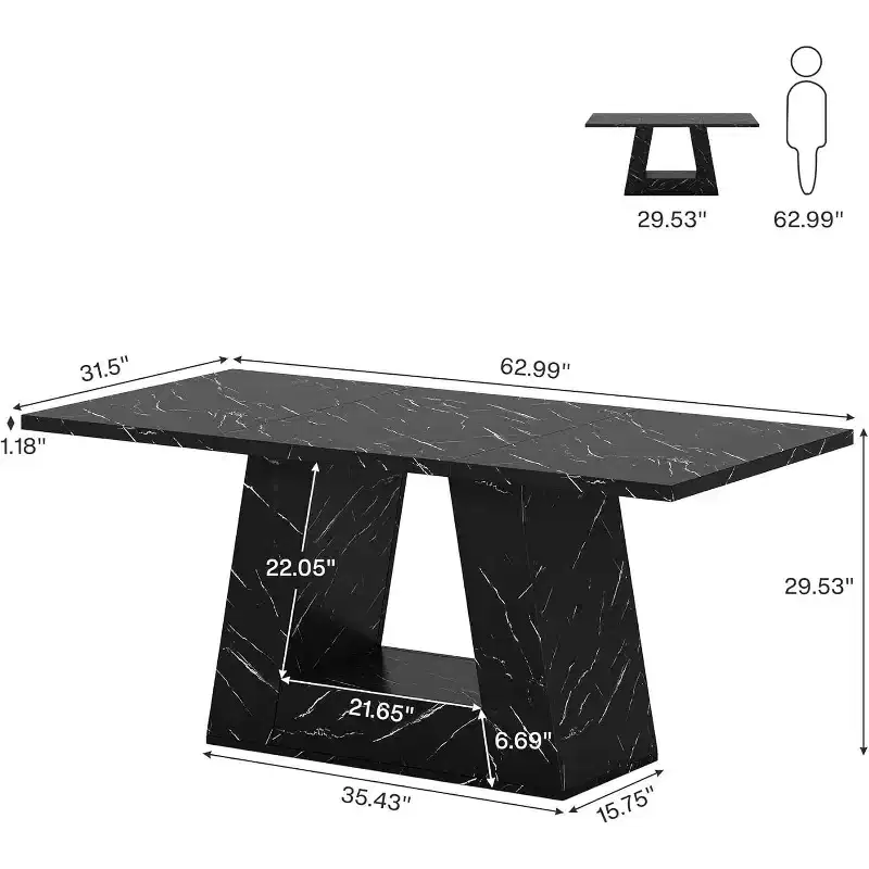 Lantine Dining Table for 4-6, 63Modern Wooden Faux Marble Dinner Table with Sturdy Base for Kitchen, Living Room, Black
