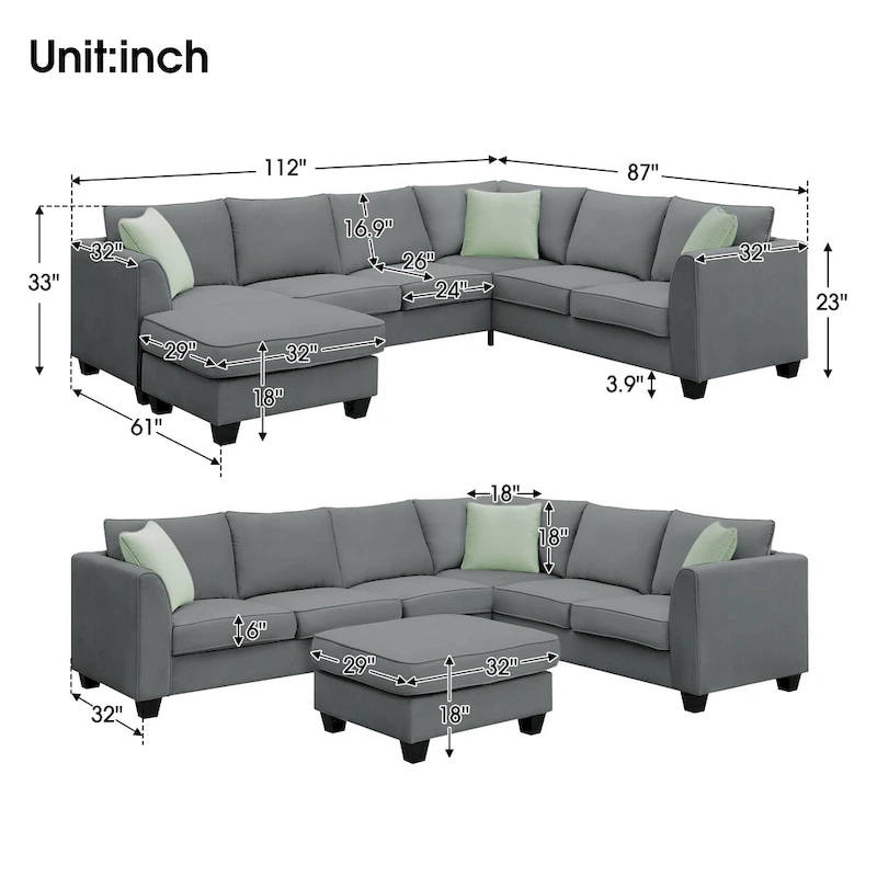 Modern Sectional Sofa with Ottoman, Modular, Spacious