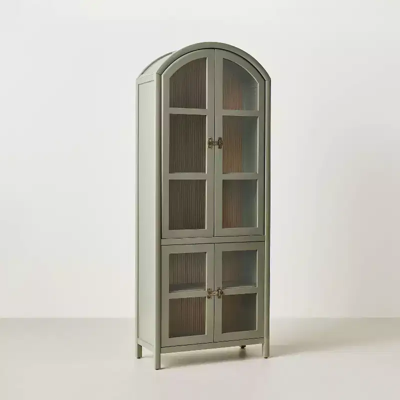Grooved Wood with Glass 4 Door Arch Cabinet Sage Green - Hearth & Hand™ with Magnolia