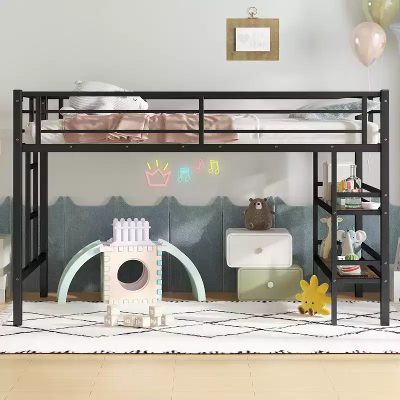 Twin Size Metal Loft Bed for Kids, Black Loft Bed Frame with Easy Climbing Ladder & Guardrails, Black - ModernLuxe