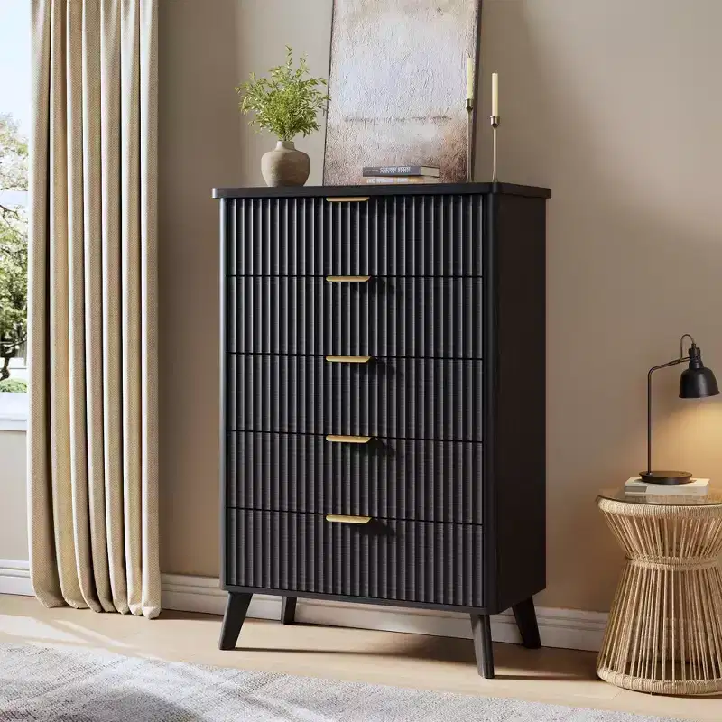 5 Drawers Dresser for Bedroom, 47.2 Tall Dressers with Curved Profile Design, Fluted Wood Drawers with Gold Handle, Modern Chest of Dressers