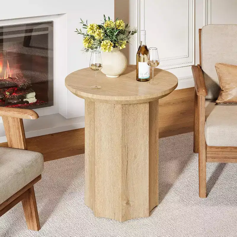 Lantine Round End Table, Wooden Pedestal Side Table with Octagonal Base, Modern Nightstand for Living Room, Bedroom, Easy Assembly (1)