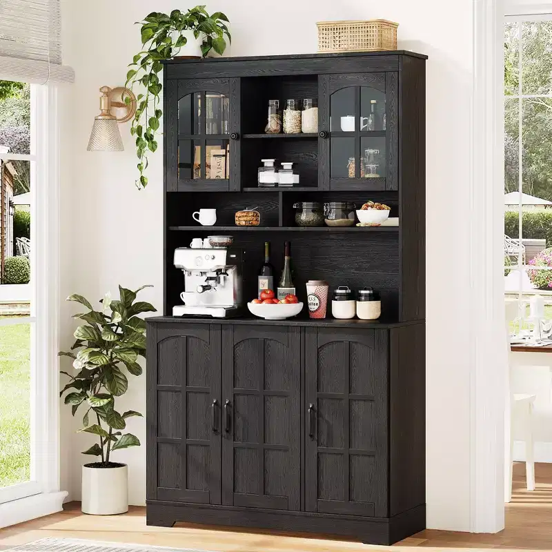 Pantry Cabinet with Charging Station, Tall Kitchen Pantry Storage Cabinet with Hutch,70.9 Inch Kitchen Cabinet with Glass Doors, for Dining Room