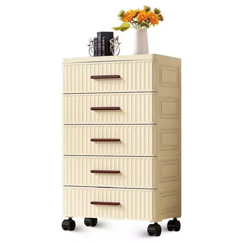 5-Tier Rolling Storage Cart with Drawers, Cream Plastic Organizer for Bedroom, Living Room, Kids Room, Office, Kitchen