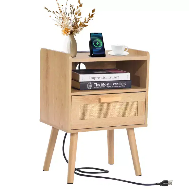 Rattan Nightstand End Table with Drawer and Open Shelf Boho Bedside Table