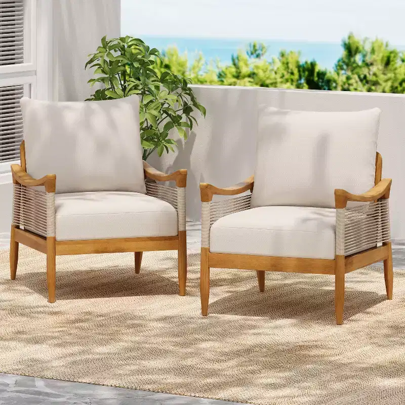 Christopher Knight Home Amos Outdoor Woven Rope Acacia Wood Club Chair with Thick Cushion (Set of 2)