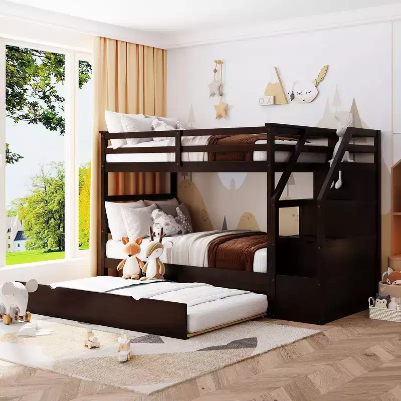 Twin-Over-Twin Bunk Bed, Bed Frame with Trundle and 3 Storage Stairs