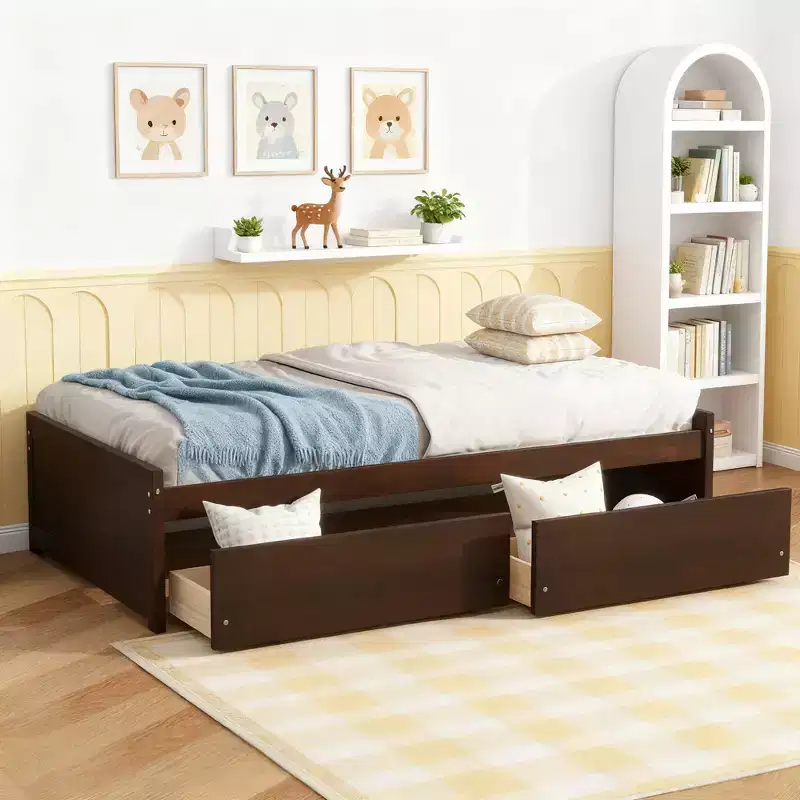 Twin Size Wood Bed with 2 Drawers for Guest Rooms and Kids' rooms