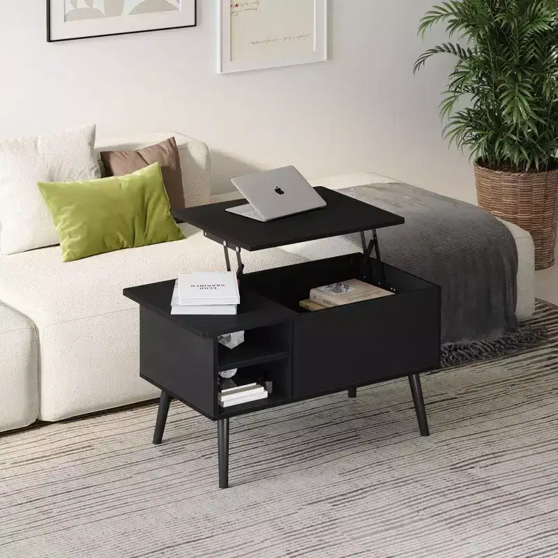 HOMLUX Lift Top Coffee Table with Hidden Storage, Side Shelf, Black/Brown/Gray