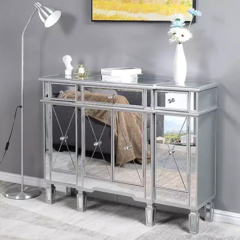 Mirrored Console Table, Modern Buffet Cabinet/Sideboard/TV Stand with 3 Drawers and 4 Doors (Silver, 48 L x 14 W x 36 H)