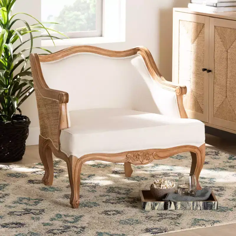 French-Inspired Accent Chair – Bayur Wood, Rattan, Foam Padded, No Assembly