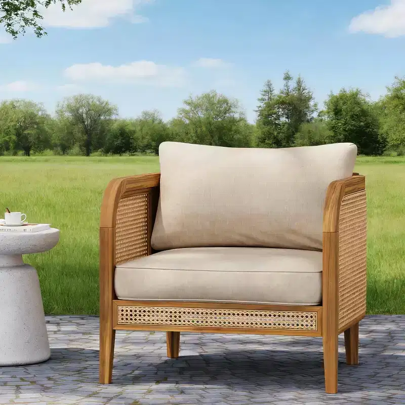 Acacia Wood Outdoor Club Chair Patio Arm Chair with Rattan Accents & Cushion, Bohemian & Mid-Century Modern Style (Set of 1/2/4) - ModernLuxe