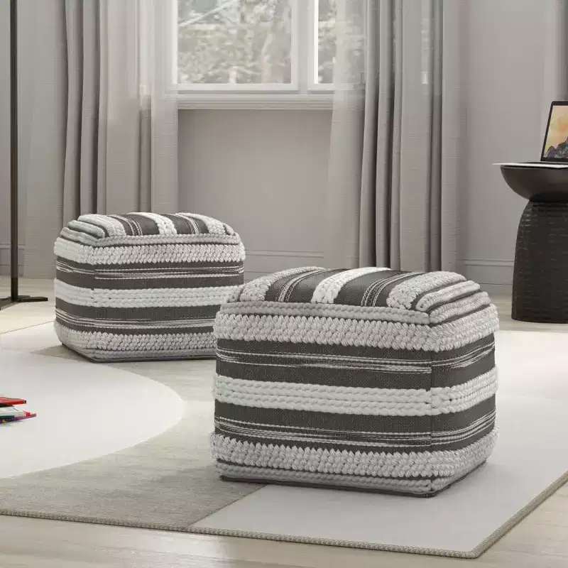 Square Pouf, Natural/Taupe Gray, Handwoven Cotton