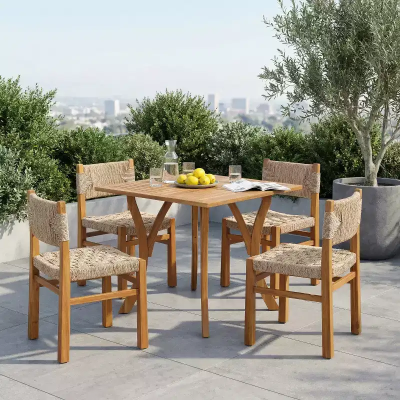 Christopher Knight Home Fra Farmhouse 5 Piece Acacia Wood Dining Set with Wicker and Slatted Design