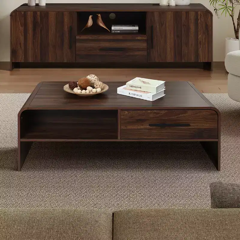47'' Coffee Table with Storage, Walnut Finish Wood 2-Drawer Open Storage Center Table with Rounded Corners for Living Room Brown