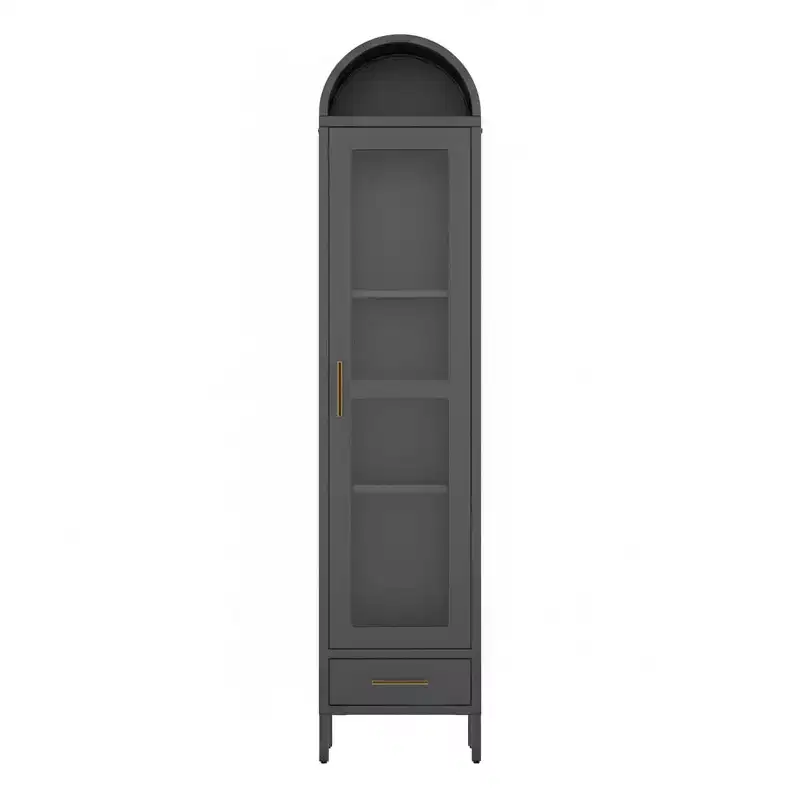 Tall Narrow Arched Bookcase, Metal Arched Storage Cabinet with Glass Door & Drawer, Modern Black Pantry Cabinet