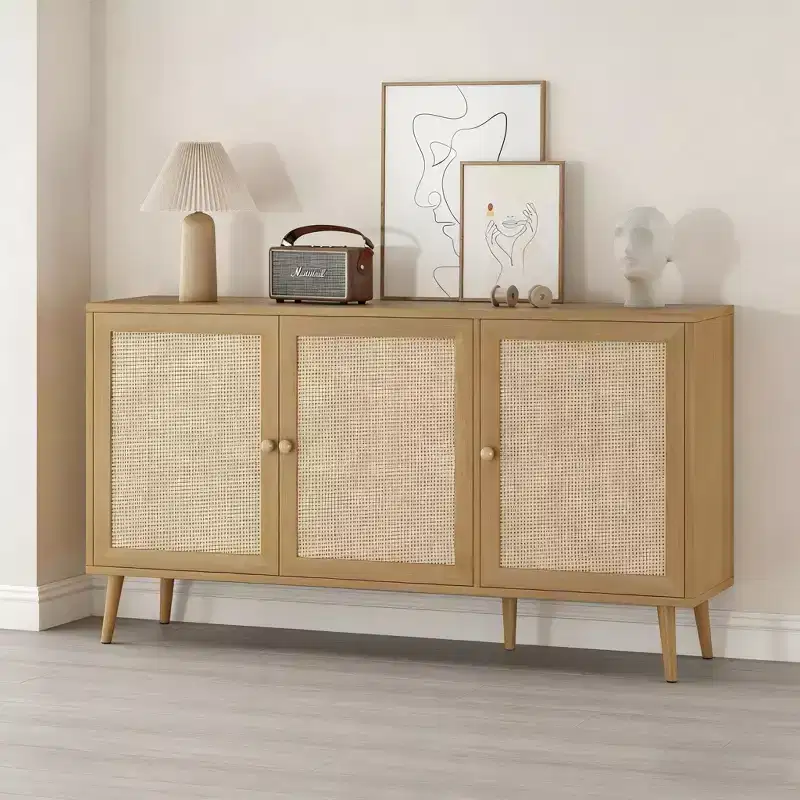 JVNOXK 18-inch Sideboard with 3 Rattan Doors, Modern Kitchen Storage Console, Suitable for Entryway and Living Room, Natural Finish