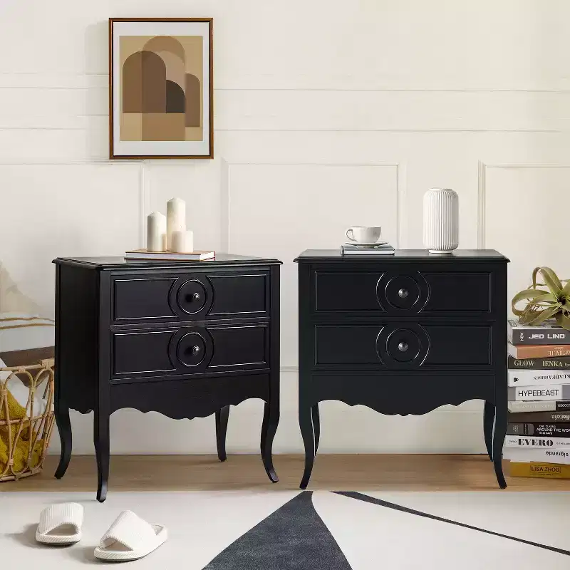 Teresa 3 - Drawer Classical End Table with Built-In Outlets Set of 2|HULALA HOME-BLACK