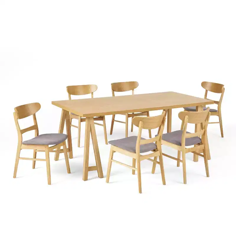 GDFStudio Isador Mid Century Modern 7 Piece Fabric Upholstered Rubberwood Dining Set