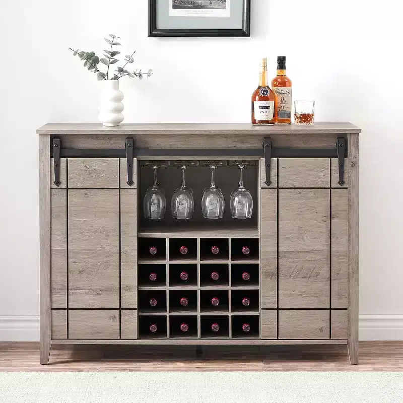 Acekool Bar Cabinet, 47 Buffet Server Sideboard with Sliding Barn Doors, Farmhouse Storage Cabinet with Adjustable Shelf for Dining Room Light Ivory