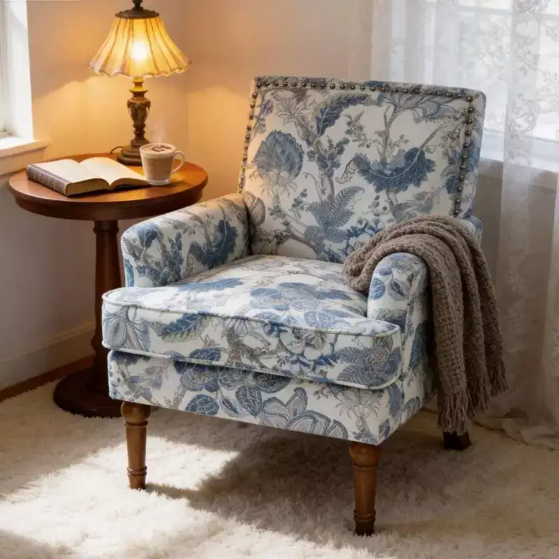 Farmhouse Upholstered Floral Chair with Nailhead Trim, Solid Wood Leg Accent Armchair for Living Room, Bedroom or Entryway-Panipeachy