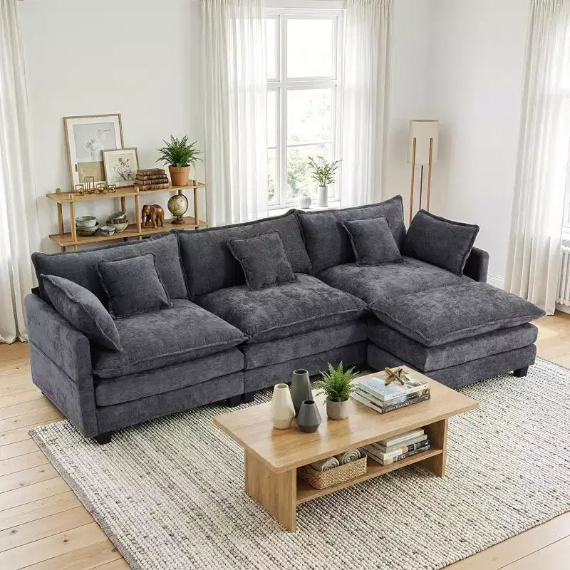 Chenille 3-Seat Sectional Sofa  Modular Deep Seat Sleeper Couch with Ottoman & Side Pocket