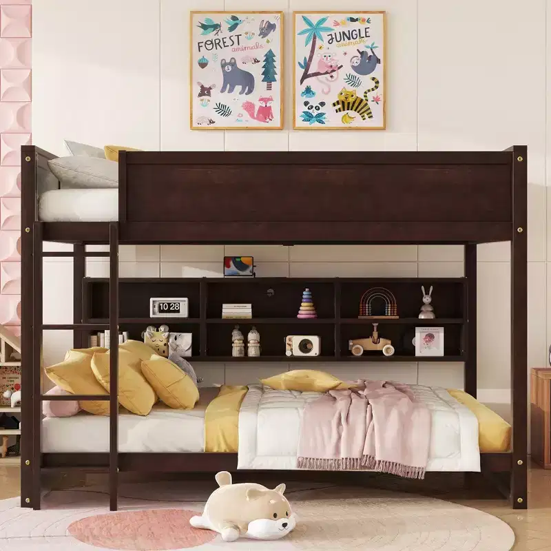 MAYEERTY Queen Over Queen Bunk Bed with Built in Storage Cabinets Charging Station Ladder Guardrails Solid Pine Wood Bunk Bed Brown