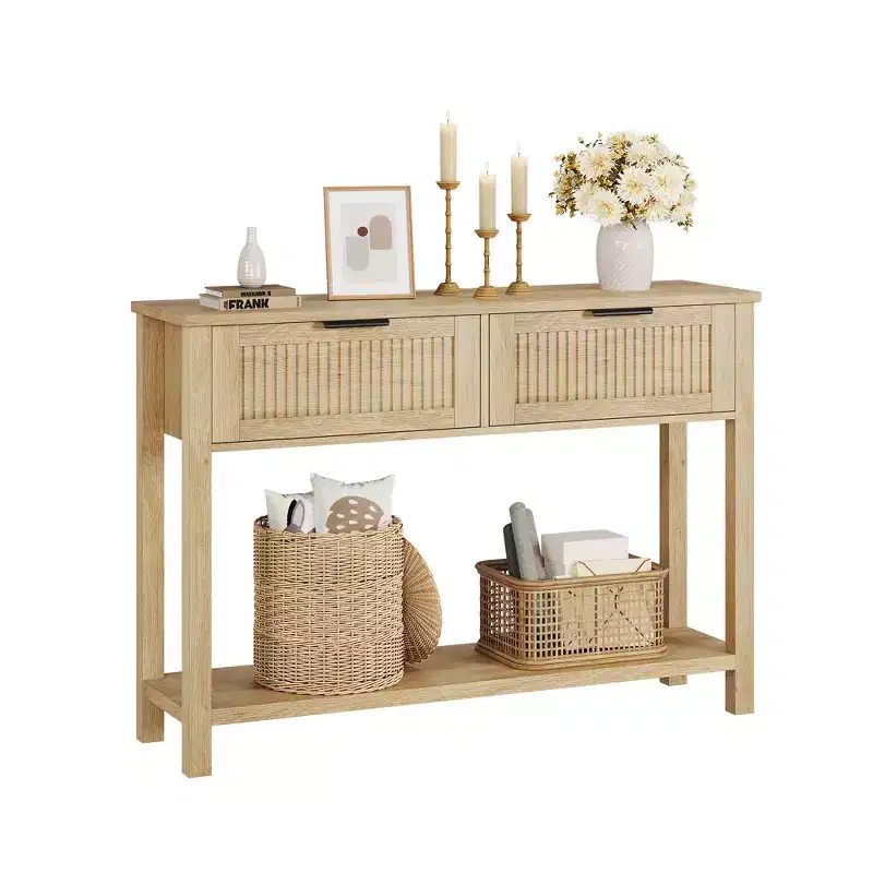 43 Farmhouse Console Table C 2-Drawer & 2-Tier Sofa Table (Burlywood, for Living Room/Entryway)