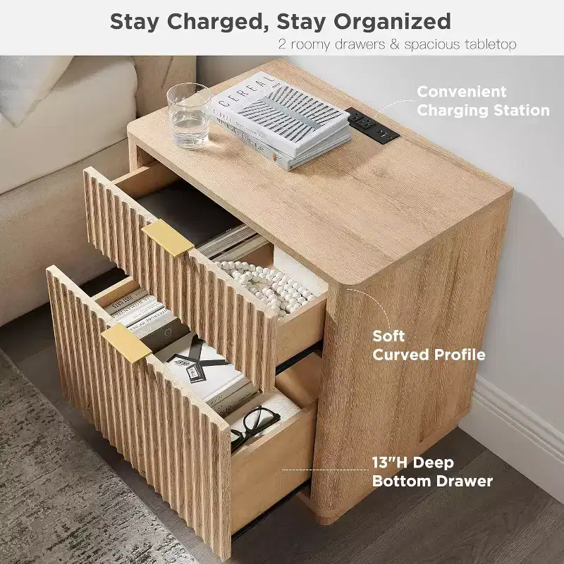 1 or 2Pack Fluted Nightstand for Bedroom, 2 Drawer Bedside Table, Modern End Table with Storage for Living Room