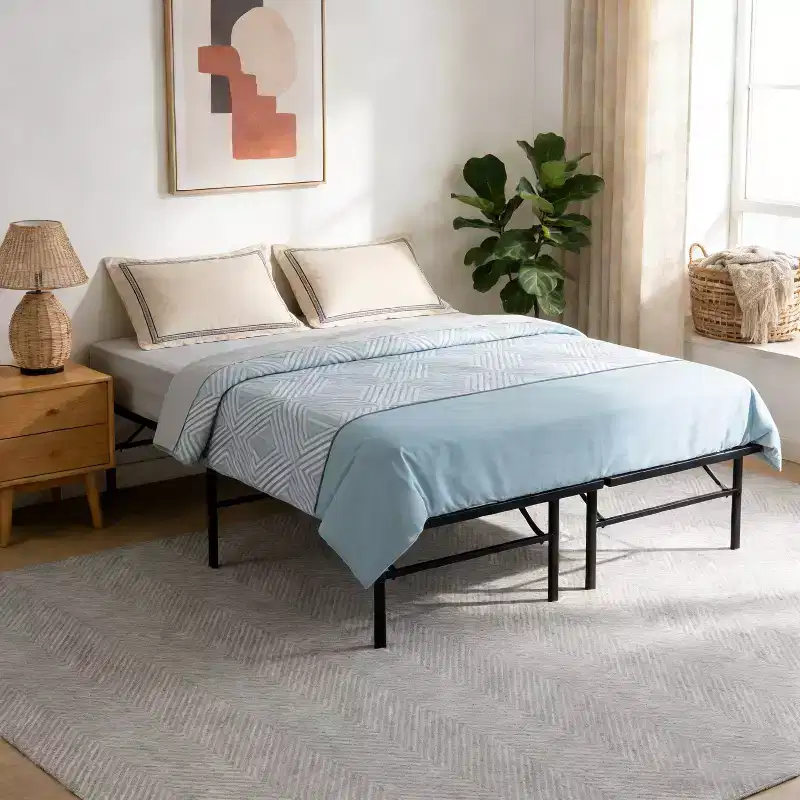 Bellemave Folding Metal Platform Bed Frame, 14 Heavy Duty Steel Slats, No Box Spring Needed, Easy Assembly, Underbed Storage, Black, Queen/King Size