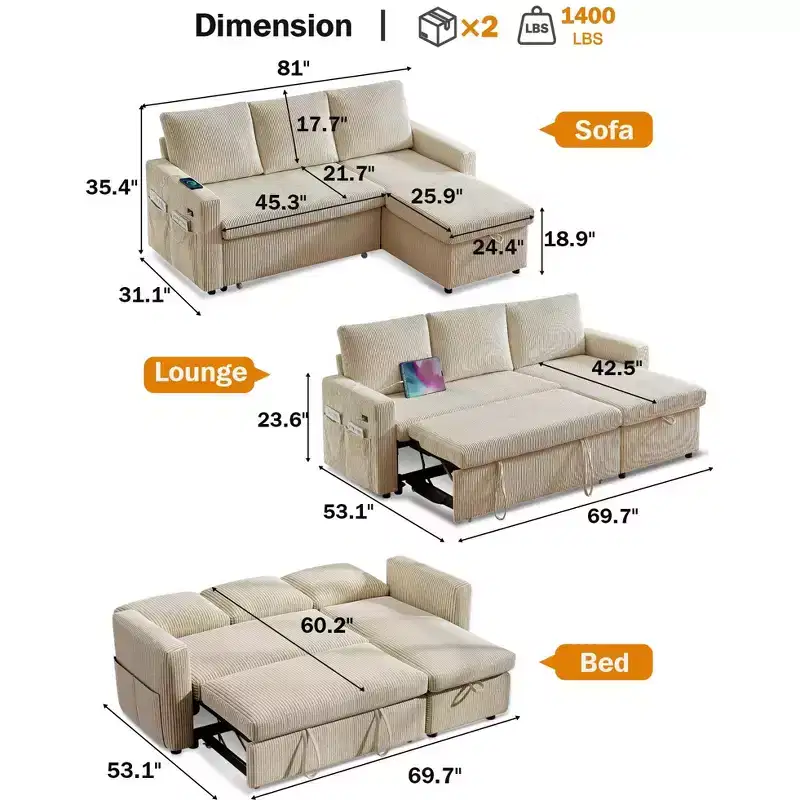 81 Sleeper Sofa Bed, L Shaped Sectional Couch with Pull Out Bed, Reclining Backrest, Reversible Storage Chaise, USB Ports