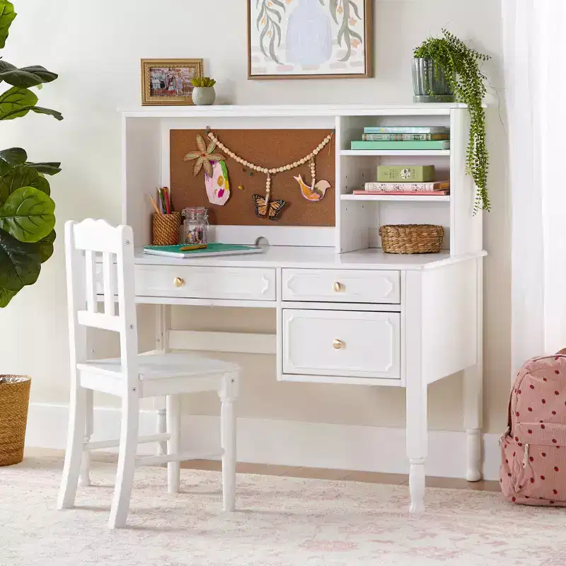 Guidecraft Avery Kids' Desk, Hutch and Chair Set - White: Children's Wooden Computer Desk w/ Storage Shelves & Drawers, Study Table & Chair for Girls