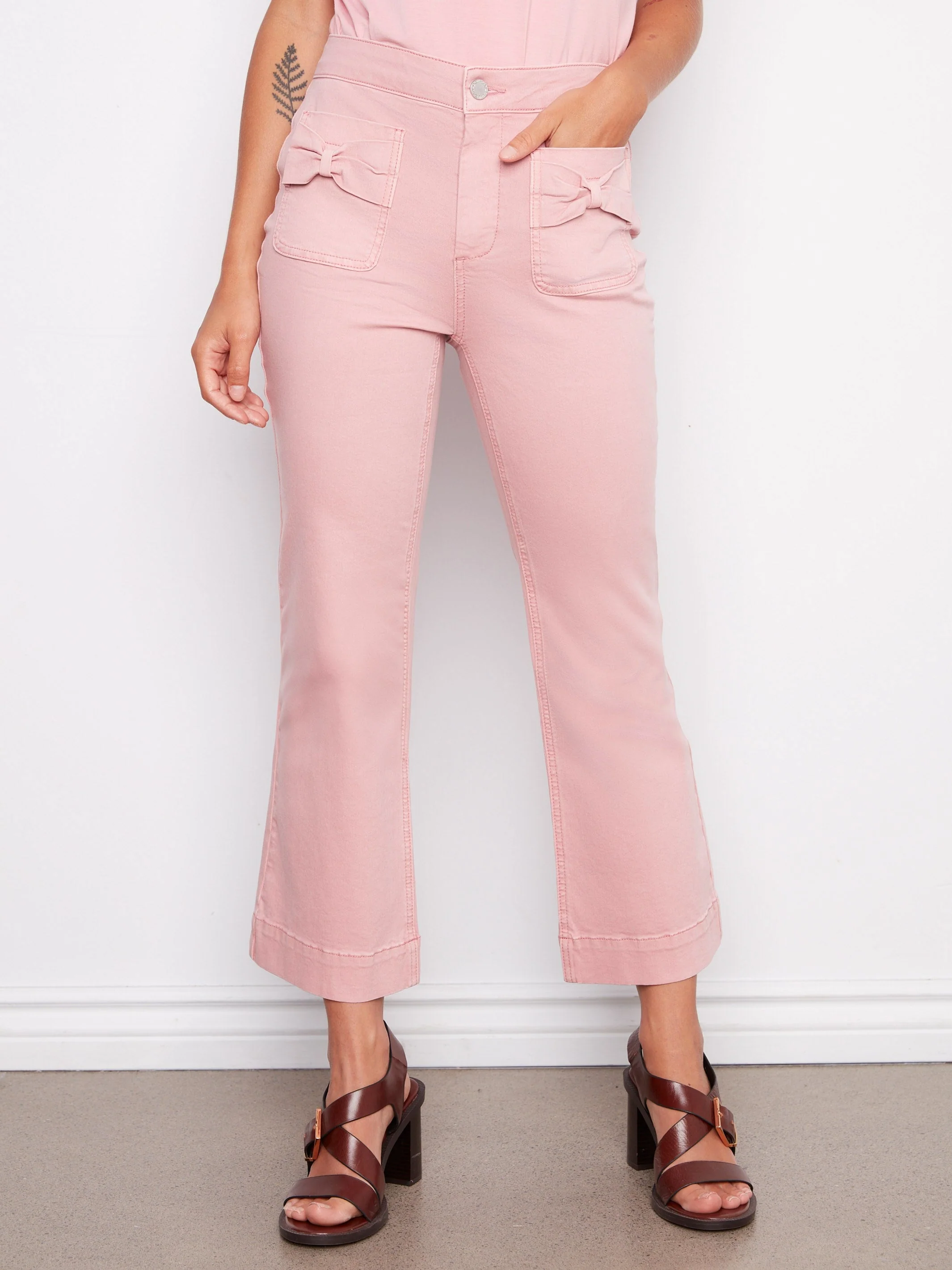 Flare Twill Pants With Bow Patch Pockets - Blush Pink