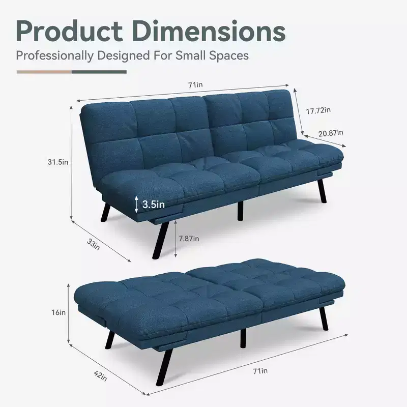 Dyonery Futon Sofa Bed Convertible Couch, Linen Sofa Bed with Memory Foam, Adjustable Backrest & Armrests, Multifunctional Small Loveseat Sleeper Sofa