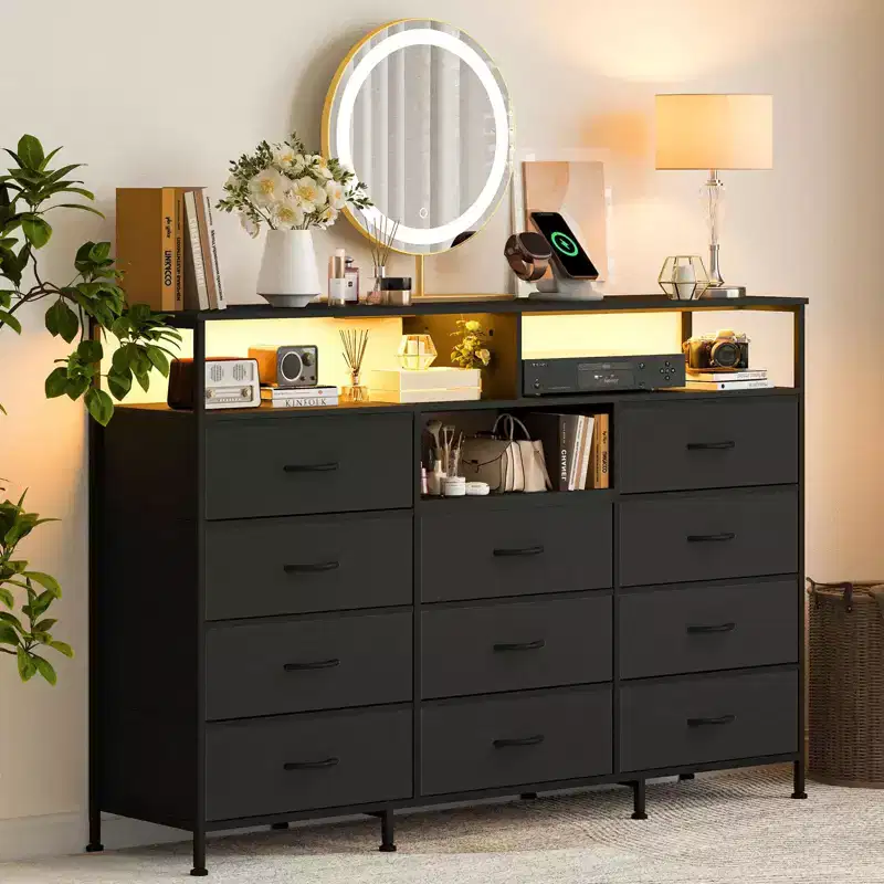 Dresser for Bedroom with 11 Drawers, Fabric Dressers & Chest of Drawers with Open Shelves for Hallway, Living Room, Steel Frame, Wood Top