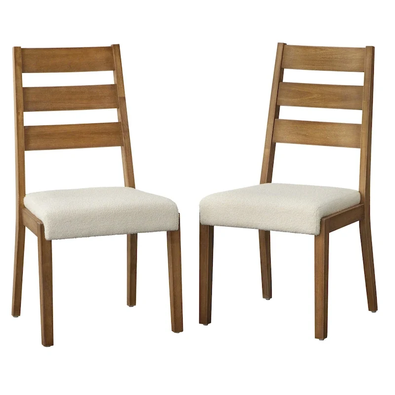Modern Farmhouse Solid Wood Dining Chair with Boucle Seat, Set of 2