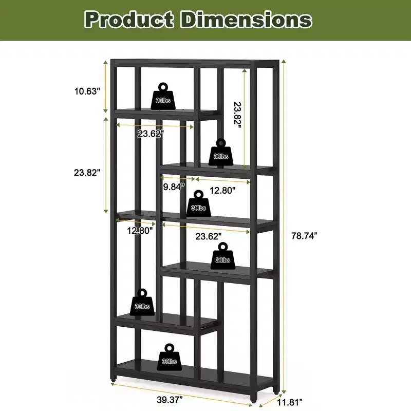 79 Tall 7-Tier Bookcase,Large Open Shelf Display Unit with 10 Compartments - Modern Floor Standing Bookshelf for Living Room,Office,Black