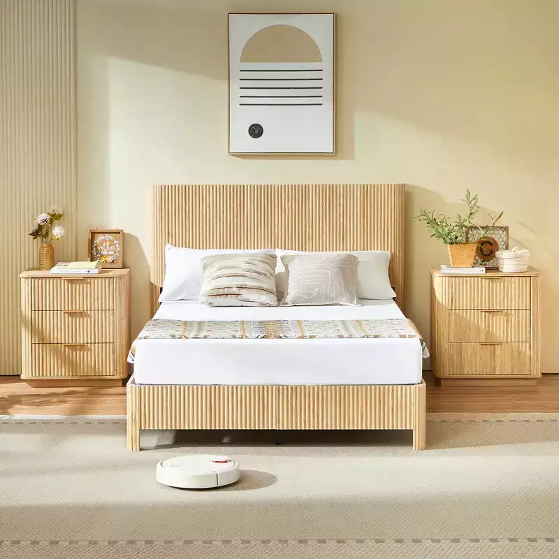 Full/Queen/King Size Wood Platform Bed Frame with Corrugated Accents - ModernLuxe