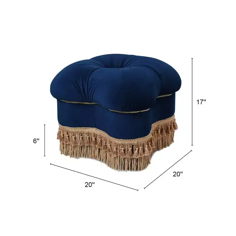 Jennifer Taylor Home Ellen Upholstered Clover Ottoman with Gold Bullion Fringe, Navy Blue Velvet